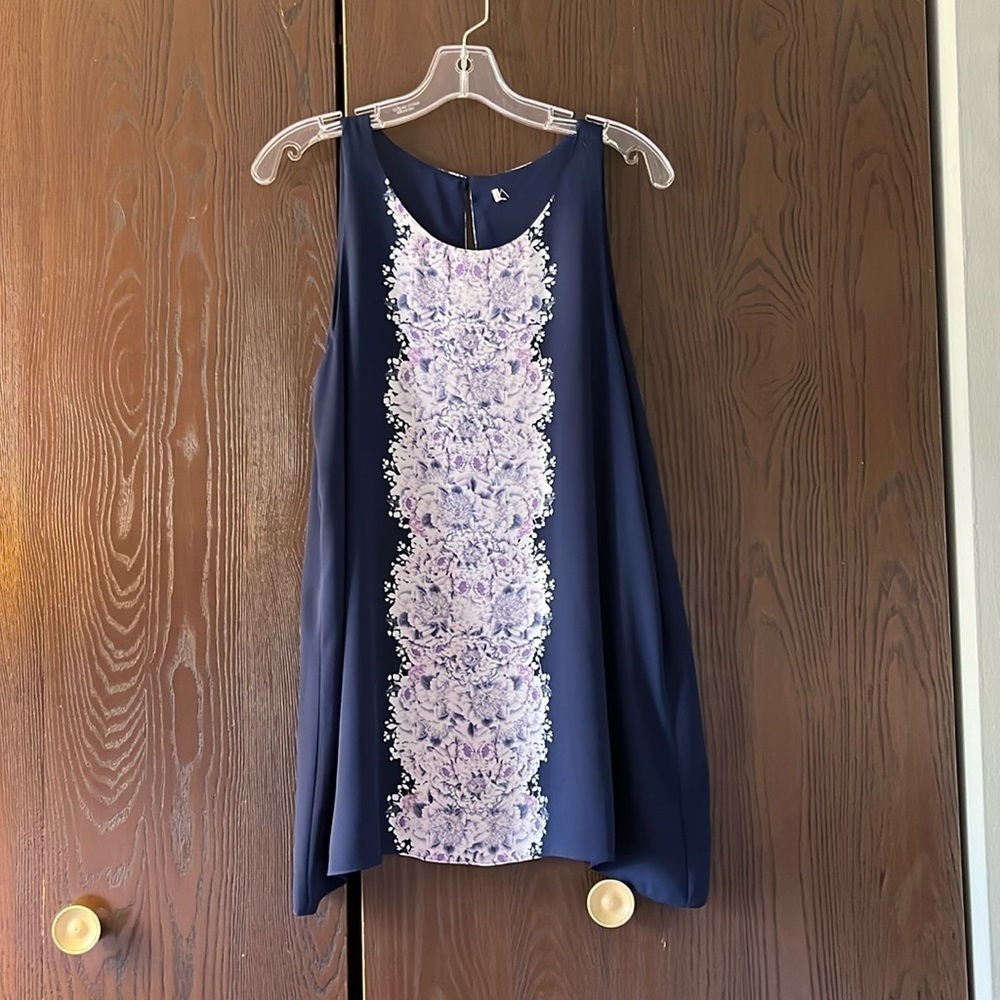 Max Studio sleeveless navy blue with purple/white design in front. Size Medium